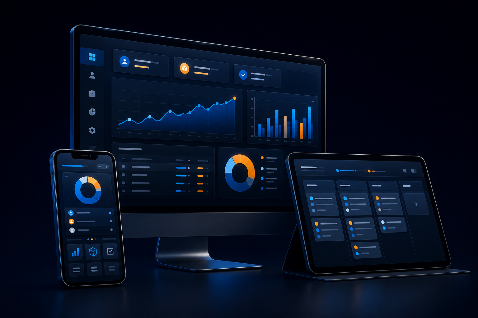 Applications mobiles et logiciels métier sur mesure présentés sur téléphone, tablette et écran