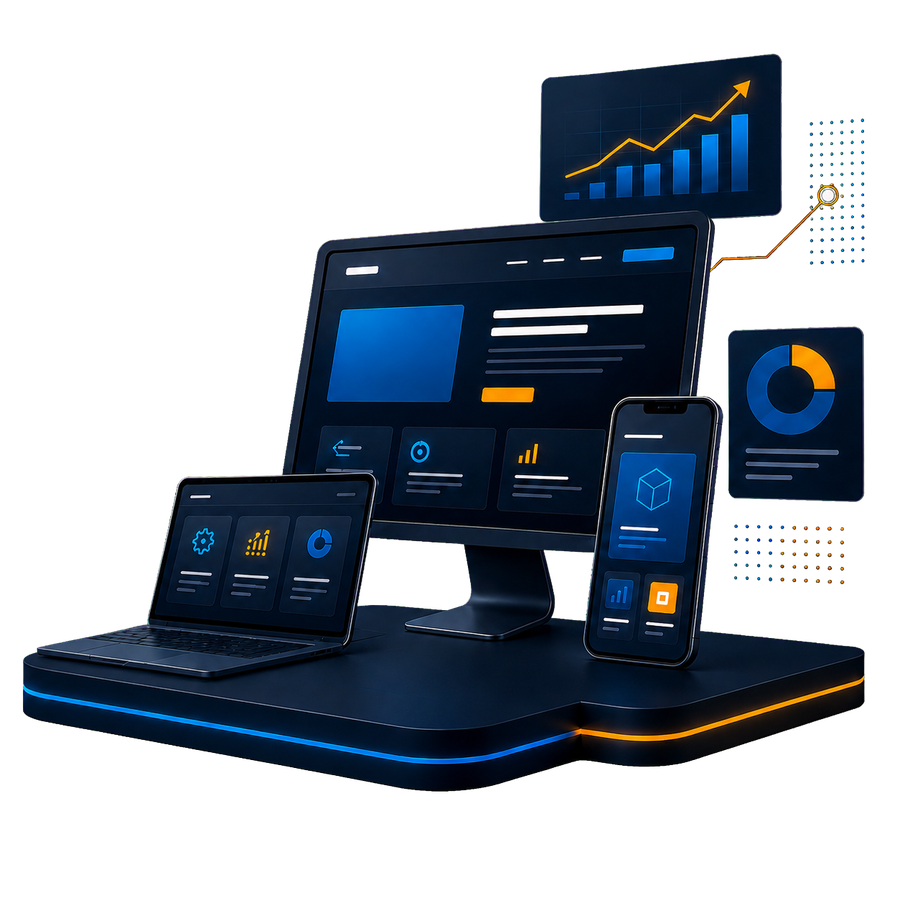 Sites web et applications affichés sur ordinateur, tablette et mobile